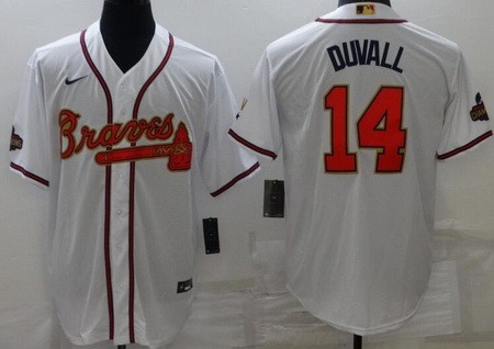 Men's Atlanta Braves #14 Adam Duvall White 2022 Gold Program Cool Base Jersey