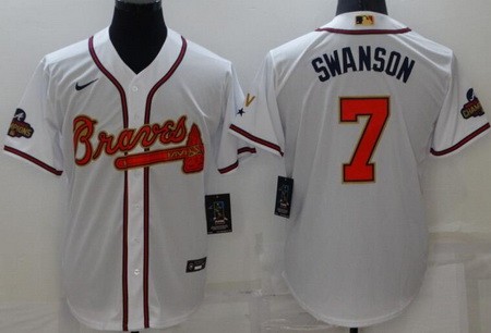 Men's Atlanta Braves #7 Dansby Swanson White 2022 Gold Program Cool Base Jersey