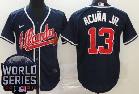 Men's Atlanta Braves #13 Ronald Acuna Jr Navy 2021 World Series Cool Base Jersey