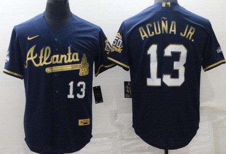 Men's Atlanta Braves #13 Ronald Acuna Jr Navy Gold Champions Cool Base Jersey