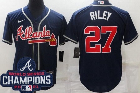 Men's Atlanta Braves #27 Austin Riley Navy 2021 World Series Champions Cool Base Jersey