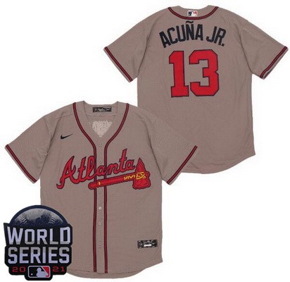 Men's Atlanta Braves #13 Ronald Acuna Jr Gray 2021 World Series Cool Base Jersey