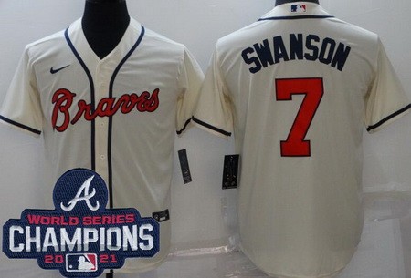 Men's Atlanta Braves #7 Dansby Swanson Cream 2021 World Series Champions Cool Base Jersey