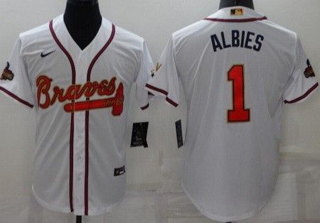 Men's Atlanta Braves #1 Ozzie Albies White 2022 Gold Program Cool Base Jersey