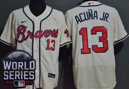 Men's Atlanta Braves #13 Ronald Acuna Jr Cream 2021 World Series Authentic Jersey