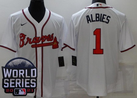 Men's Atlanta Braves #1 Ozzie Albies White 2021 World Series Cool Base Jersey