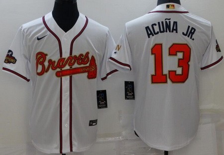 Men's Atlanta Braves #13 Ronald Acuna Jr White 2022 Gold Program Cool Base Jersey