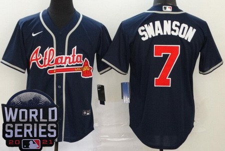 Men's Atlanta Braves #7 Dansby Swanson Navy 2021 World Series Cool Base Jersey