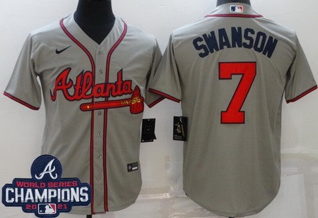 Men's Atlanta Braves #7 Dansby Swanson Gray 2021 World Series Champions Cool Base Jersey