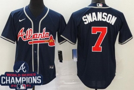 Men's Atlanta Braves #7 Dansby Swanson Navy 2021 World Series Champions Cool Base Jersey