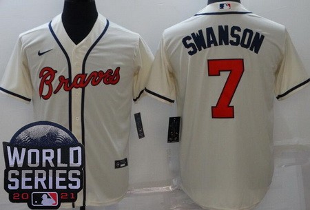 Men's Atlanta Braves #7 Dansby Swanson Cream 2021 World Series Cool Base Jersey