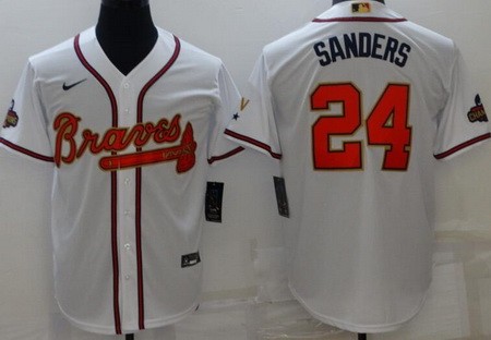 Men's Atlanta Braves #24 Deion Sanders White 2022 Gold Program Cool Base Jersey