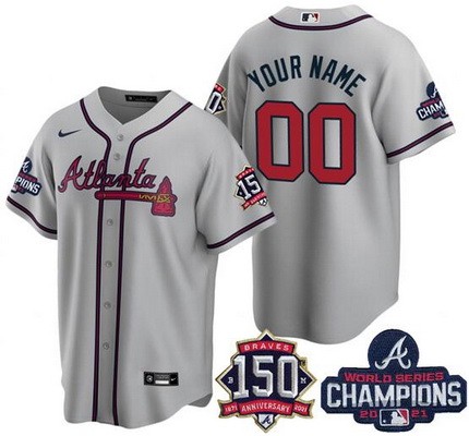 Men's Atlanta Braves Customized Gray 2021 World Series Champions 150th Anniversary Cool Base Jersey
