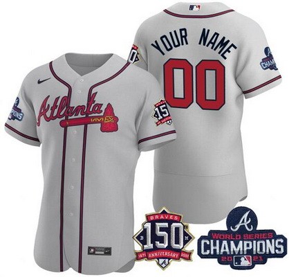 Men's Atlanta Braves Customized Gray 2021 World Series Champions 150th Anniversary Authentic Jersey