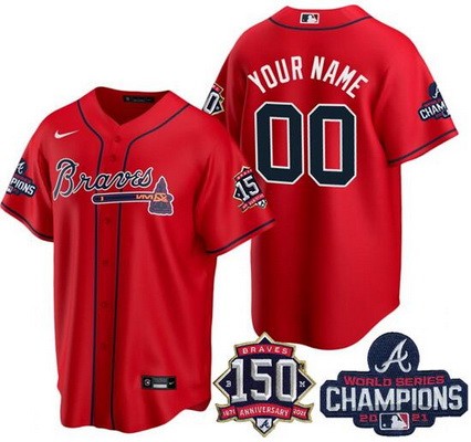 Men's Atlanta Braves Customized Red 2021 World Series Champions 150th Anniversary Cool Base Jersey