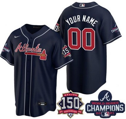 Men's Atlanta Braves Customized Navy 2021 World Series Champions 150th Anniversary Cool Base Jersey