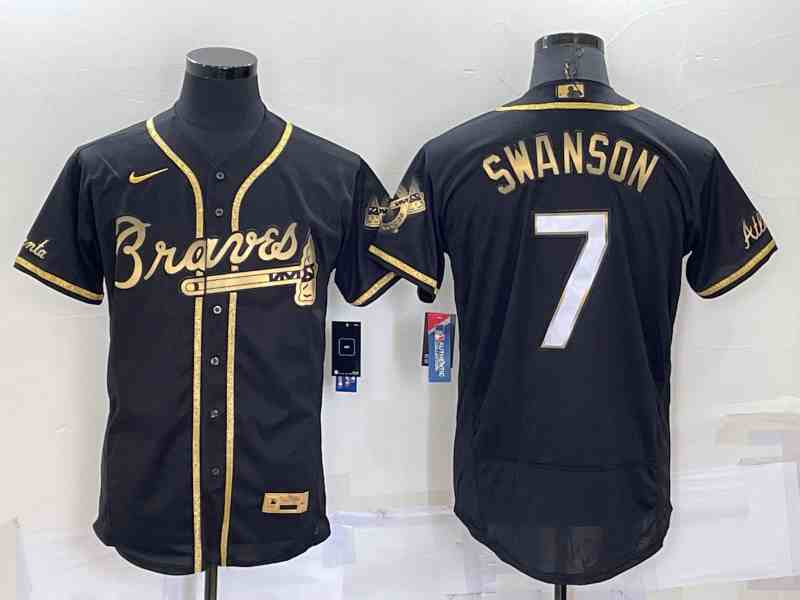 Men's Atlanta Braves 7 Dansby Swanson Black Gold  Flexbase Jersey