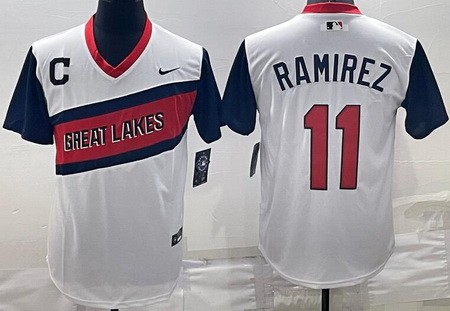 Men's Cleveland Indians #11 Jose Ramirez White Great Lakes Cool Base Jersey