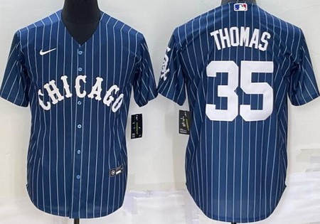 Men's Chicago White Sox #35 Frank Thomas Blue Stripes Cool Base Jersey