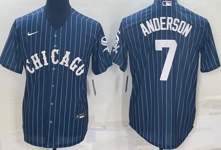 Men's Chicago White Sox #7 Tim Anderson Blue Stripes Cool Base Jersey