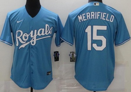 Men's Kansas City Royals #15 Whit Merrifield Light Blue 2020 Cool Base Jersey