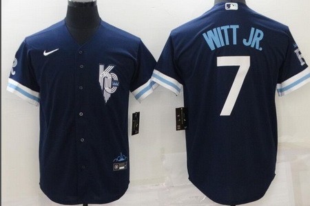 Men's Kansas City Royals #7 Bobby Witt Jr Navy 2022 City Connect Cool Base Jersey