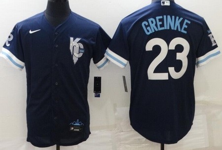 Men's Kansas City Royals #23 Zack Greinke Navy 2022 City Connect Cool Base Jersey