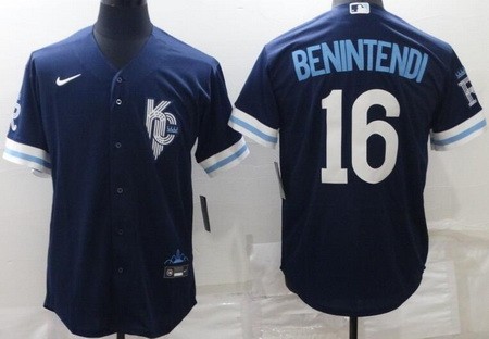 Men's Kansas City Royals #16 Andrew Benintendi Navy 2022 City Connect Cool Base Jersey