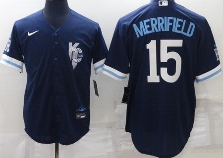 Men's Kansas City Royals #15 Whit Merrifield Navy 2022 City Connect Cool Base Jersey
