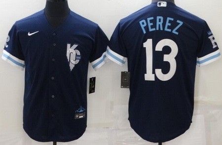 Men's Kansas City Royals #13 Salvador Perez Navy 2022 City Connect Cool Base Jersey
