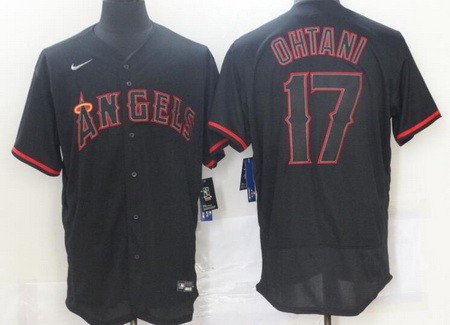 Men's Los Angeles Angels #17 Shohei Ohtani Black Lights Out FlexBase Jersey
