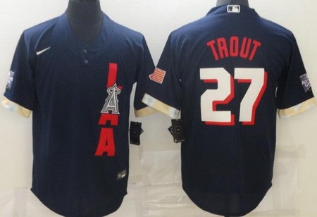 Men's Los Angeles Angels #27 Mike Trout Navy 2021 All Star Cool Base Jersey