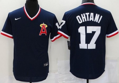 Men's Los Angeles Angels #17 Shohei Ohtani Navy Throwback Cool Base Jersey
