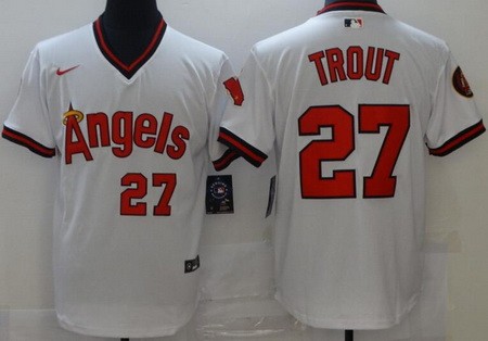 Men's Los Angeles Angels #27 Mike Trout White Throwback Cool Base Jersey