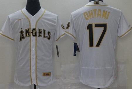 Men's Los Angeles Angels #17 Shohei Ohtani White Gold Authentic Jersey