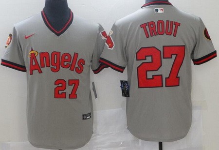 Men's Los Angeles Angels #27 Mike Trout Gray Throwback Cool Base Jersey