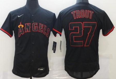 Men's Los Angeles Angels #27 Mike Trout Black Lights Out FlexBase Jersey