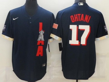 Men's Los Angeles Angels #17 Shohei Ohtani Navy 2021 All Star Cool Base Jersey