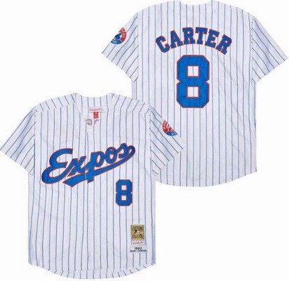 Men's Montreal Expos #8 Gary Carter White Stripes 1982 Throwback Jersey