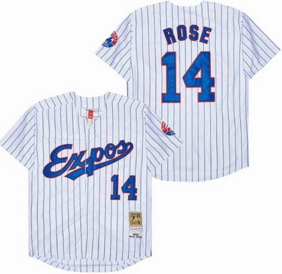 Men's Montreal Expos #14 Pete Rose White Stripes 1982 Throwback Jersey