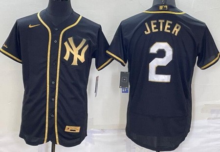 Men's New York Yankees #2 Derek Jeter Black Gold Authentci Jersey