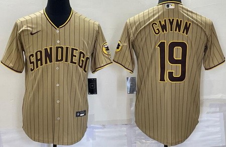 Men's San Diego Padres #19 Tony Gwynn Khaki Team Logo Cool Base Jersey