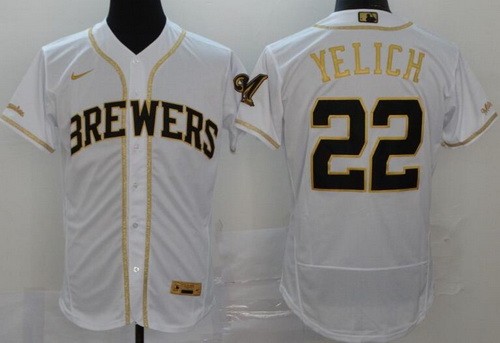 Men's Milwaukee Brewers #22 Christian Yelich White Gold 2020 FlexBase Jersey