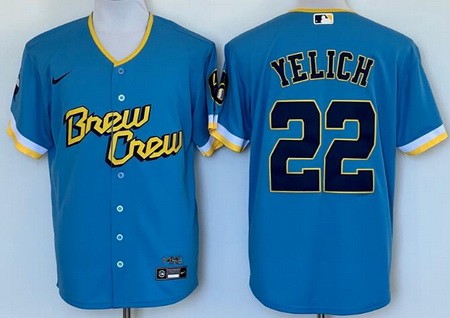 Men's Milwaukee Brewers #22 Christian Yelich Powder Blue 2022 City Connect Cool Base Jersey