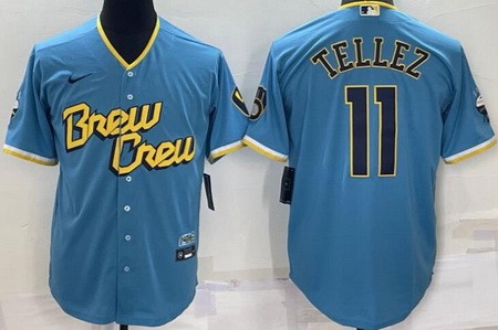 Men's Milwaukee Brewers #11 Rowdy Tellez Powder Blue 2022 City Connect Cool Base Jersey