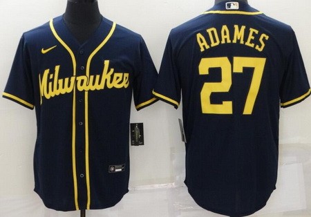 Men's Milwaukee Brewers #27 Willy Adames Navy Alternate Cool Base Jersey