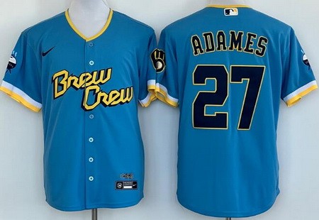Men's Milwaukee Brewers #27 Willy Adames Powder Blue 2022 City Connect Cool Base Jersey