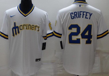 Men's Seattle Mariners #24 Ken Griffey White Throwback Cool Base Jersey