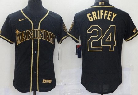 Men's Seattle Mariners #24 Ken Griffey Black Gold Authentic Jersey