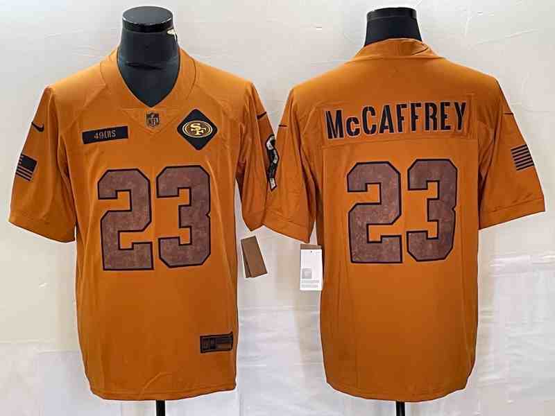 Men's San Francisco 49ers #23 Christian McCaffrey 2023 Brown Salute To Service Limited Stitched Football Jersey